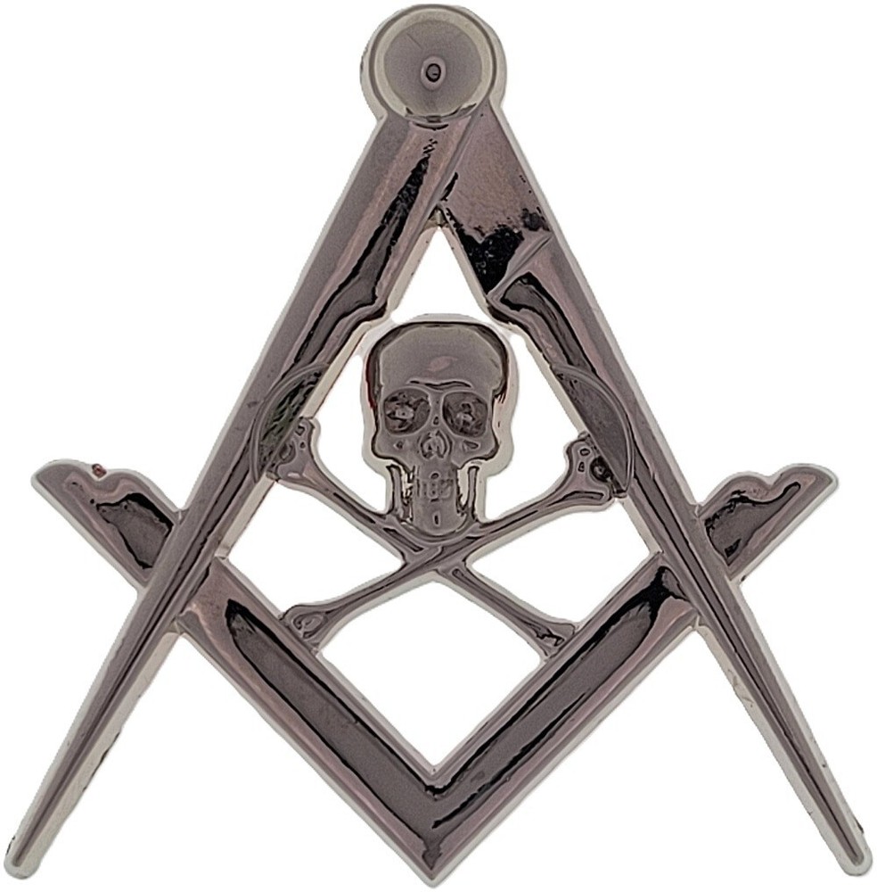 Masonic Car Auto Square & Compass Skull Cross Bones Silver Emblem 2.50"