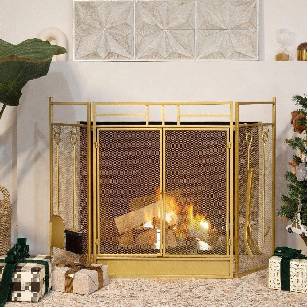 48" Fireplace Screen 3-Panel Folding Magnetic Doors with 4-Pieces Fire Place Too