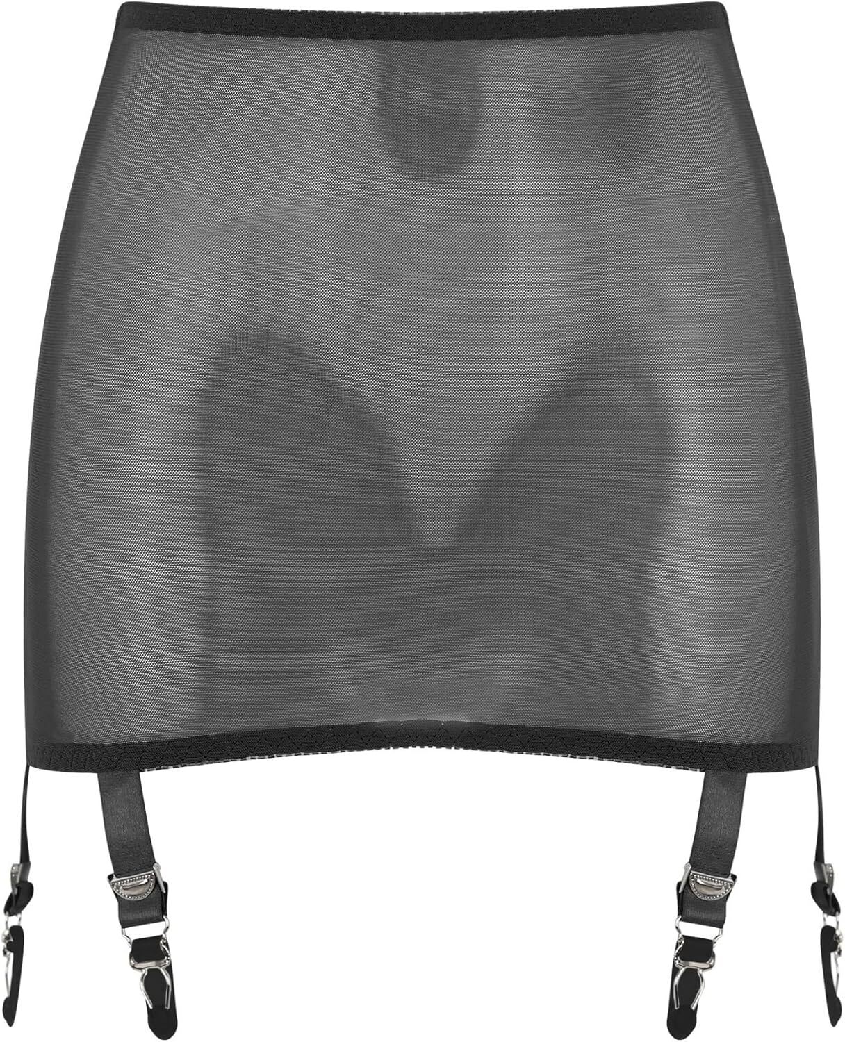 Luxallacki High Waist Sheer Mesh Garter Girdle 6 Straps Belt Mini Skirt Lingerie