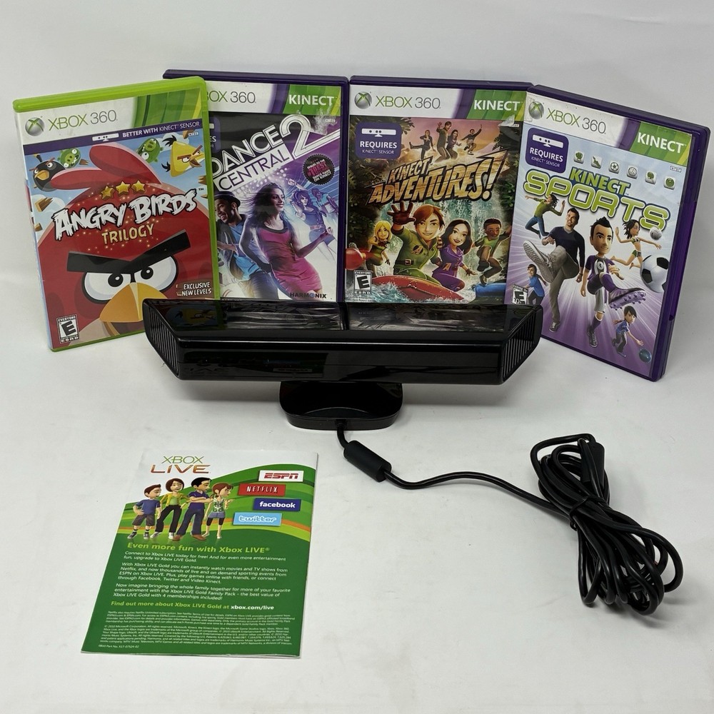 Microsoft Xbox 360 Kinect Sensor Black Wired w/ 4 Kinect Games Lot Bundle
