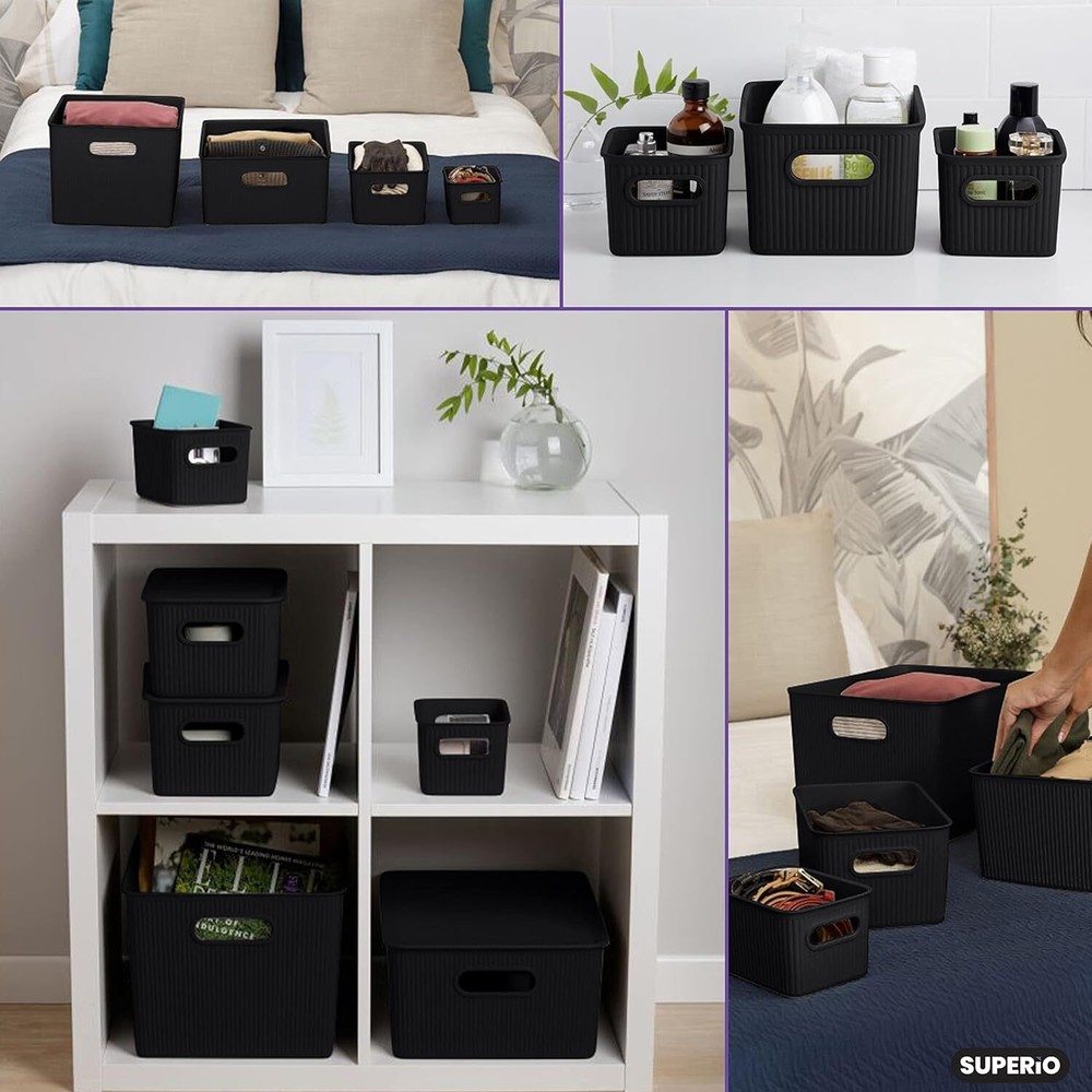 Superio 5L Small Brown Ribbed Storage Bin with Lid, Plastic (2 Pack)