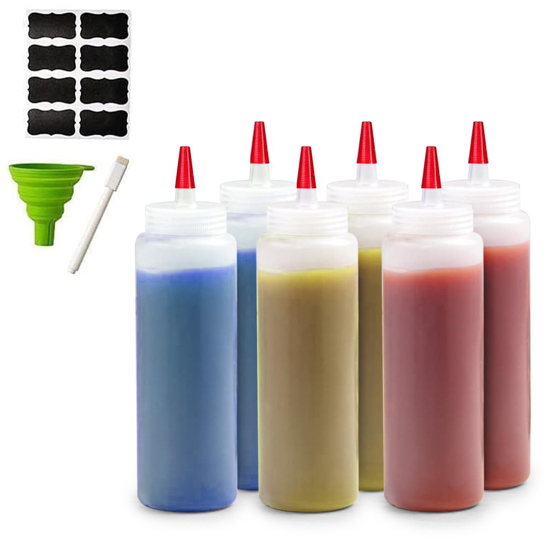6-Pack Condiment Squeeze Bottles - Funnel, Erasable Marker, Labels - 4 oz