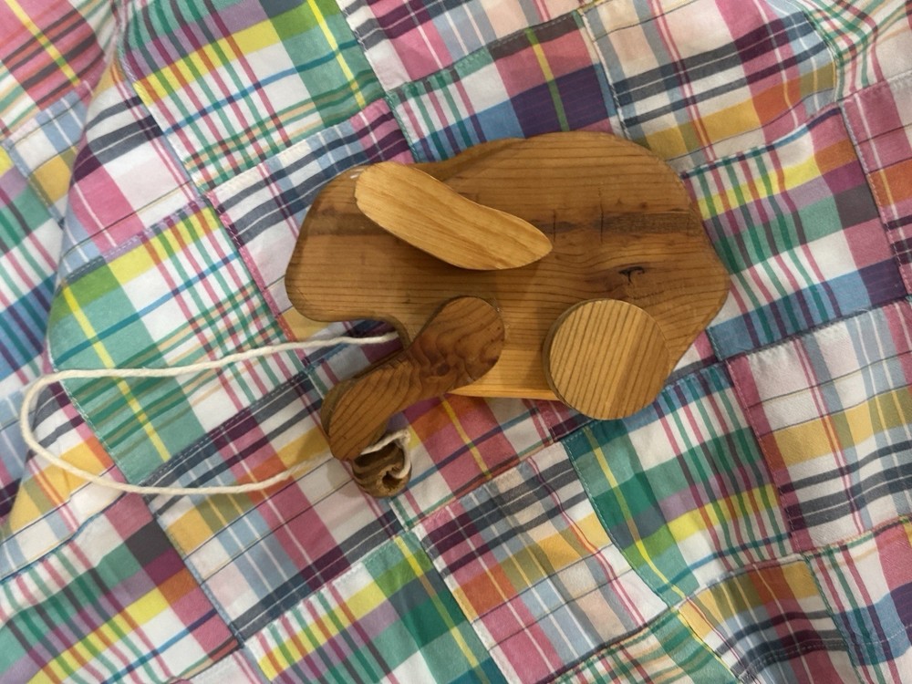 Handmade Wooden Vintage Rabbit Pull Toy Gift Easter Basket
