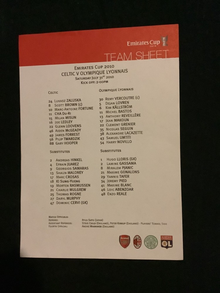 2010 Celtic v Lyon Emirates Cup teamsheet