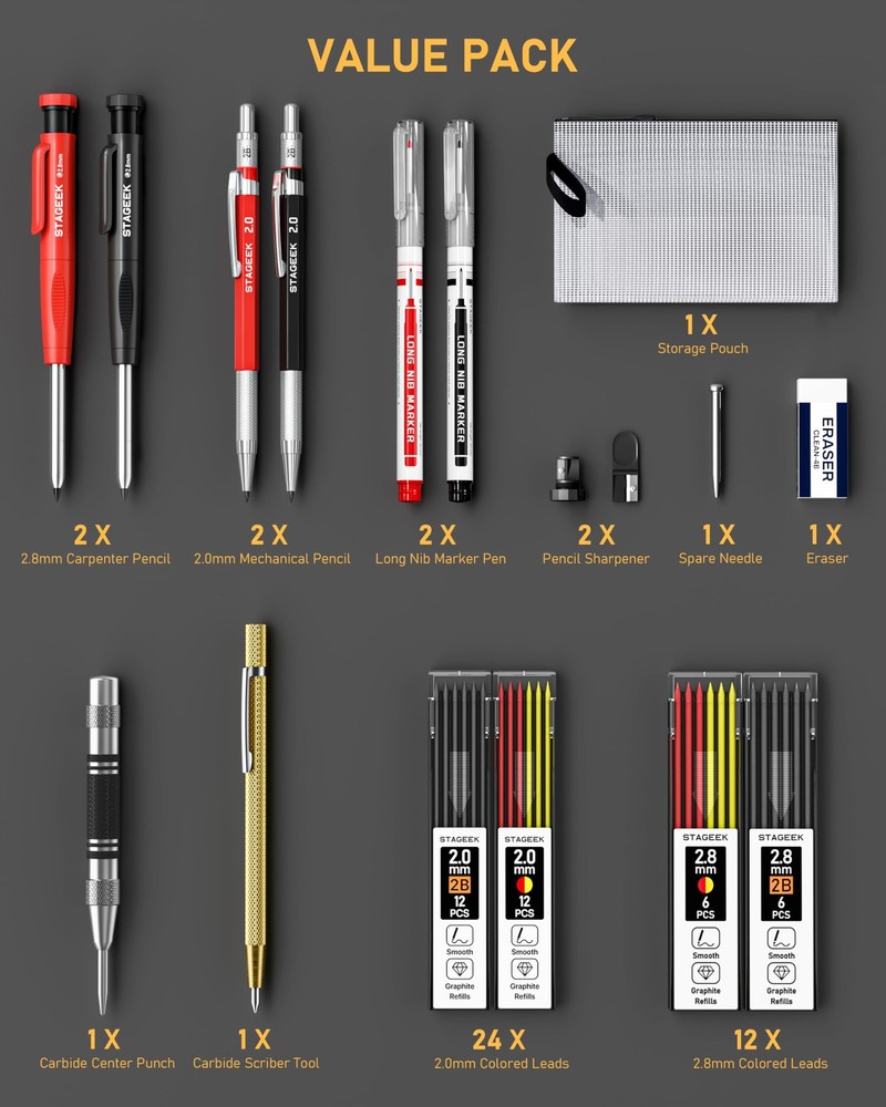 17 Pack Mechanical Carpenter Pencil Set with Sharpener 40 Refills, Automatic Cen