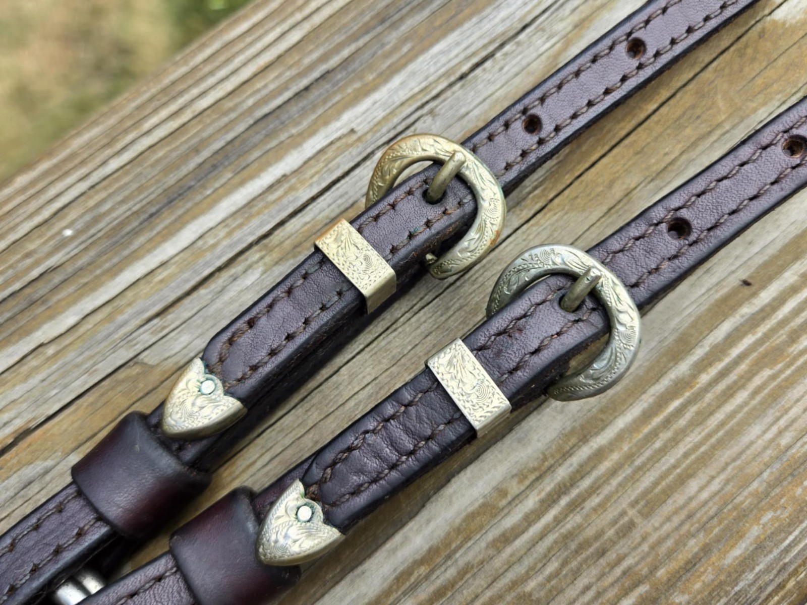 VINTAGE Doubled Stitched Brown Leather MEXICO SILVER Buckle Sets Western Hobbles