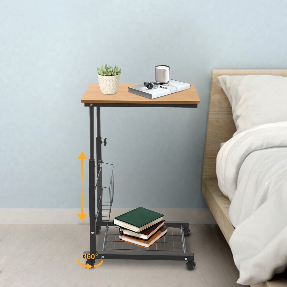 Height-Adjustable Teak Side Table with Wheels - 2 Tiers for Easy Storage
