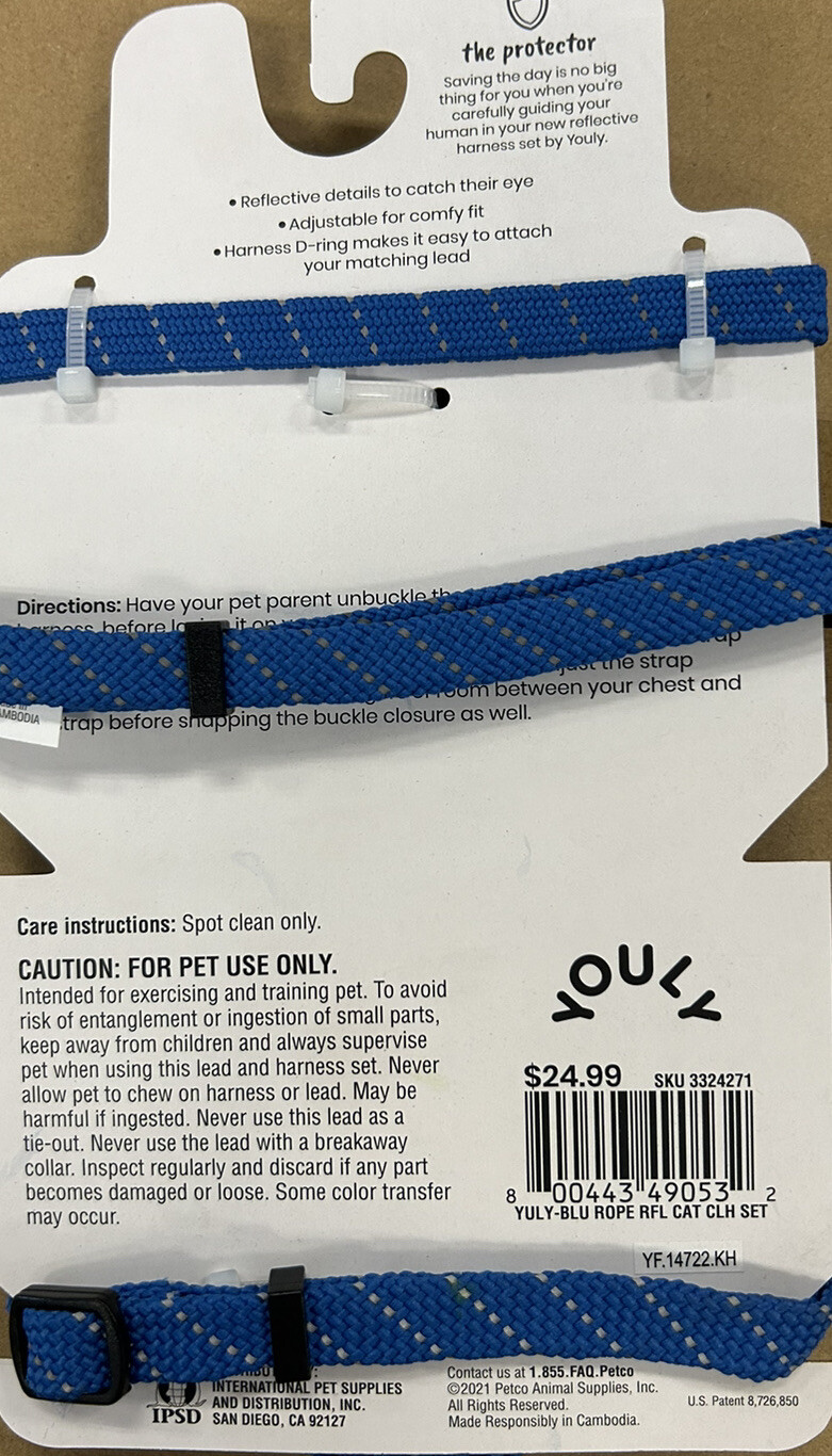 Youly Blue Reflective Cat / Pet Harness & Leash Set, S/M, 4’ Leash, Bell Charm