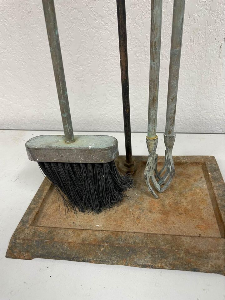 Brass pineapple fireplace broom and grabber set