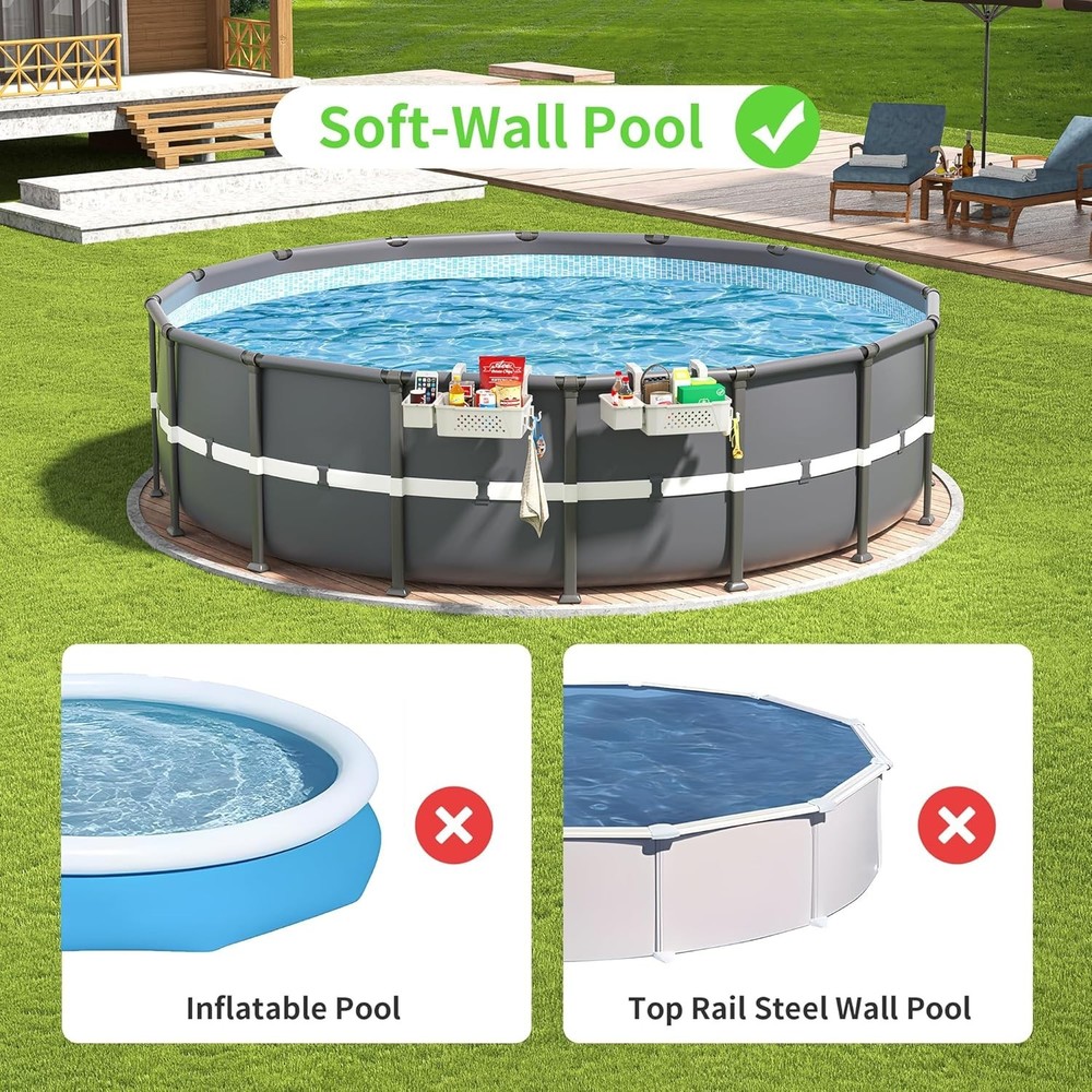Versatile Above Ground Pool Storage Baskets with Cup Holders - Grey (Set of 2)