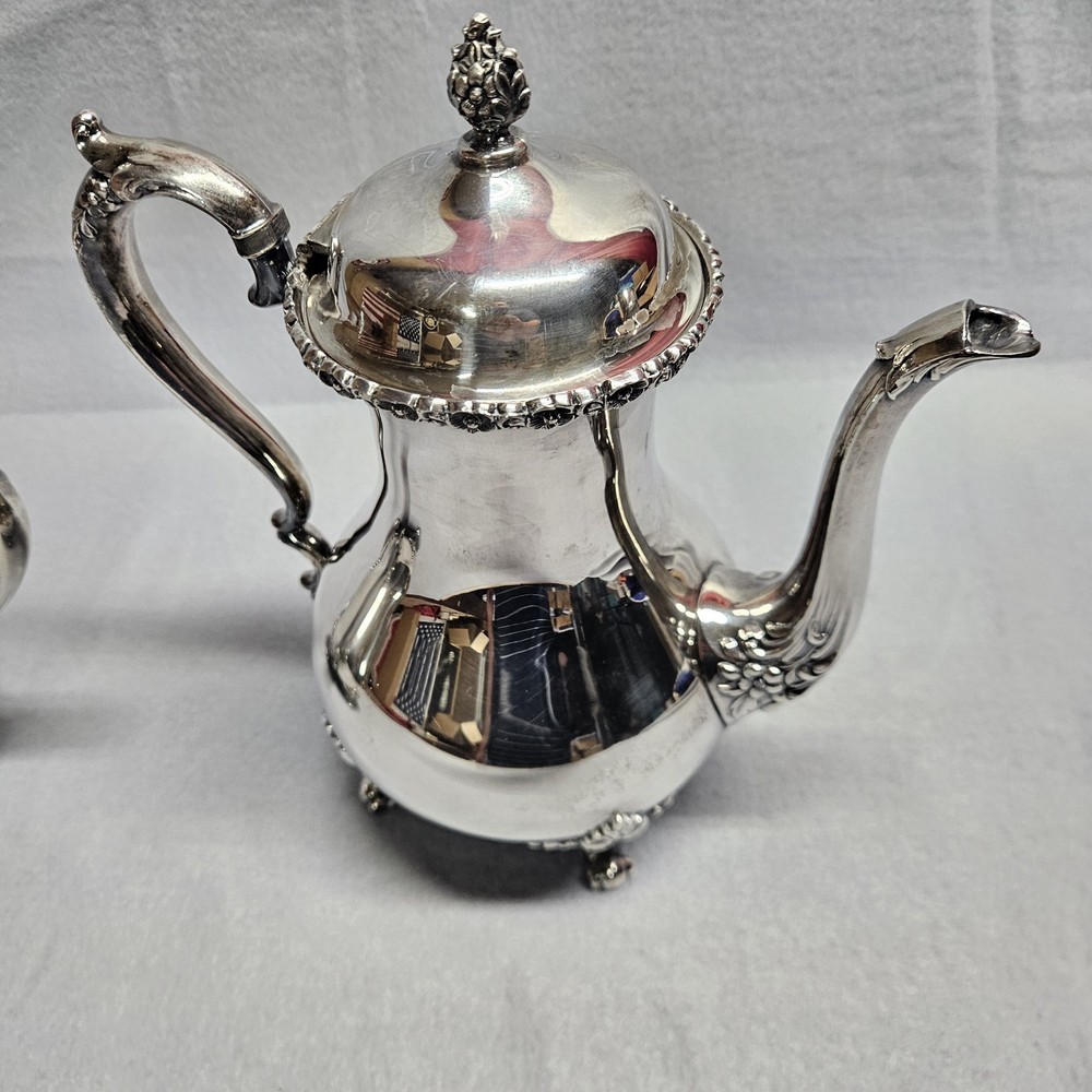 Wilcox International Silver USA Du Barry Floral 7601 & 7602 Tea Coffee Set Vtg