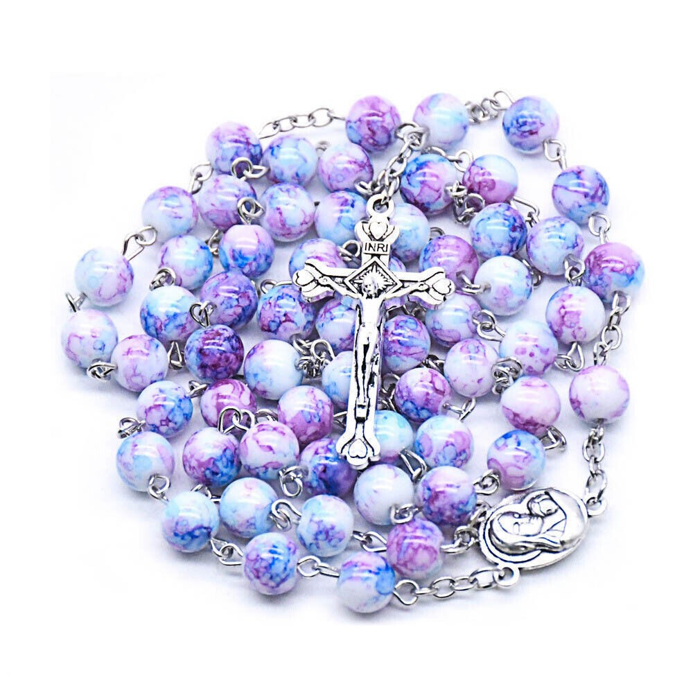 Glass Beads Rosary Necklace Catholic Holy Soil Center Cross Crucifix Purple