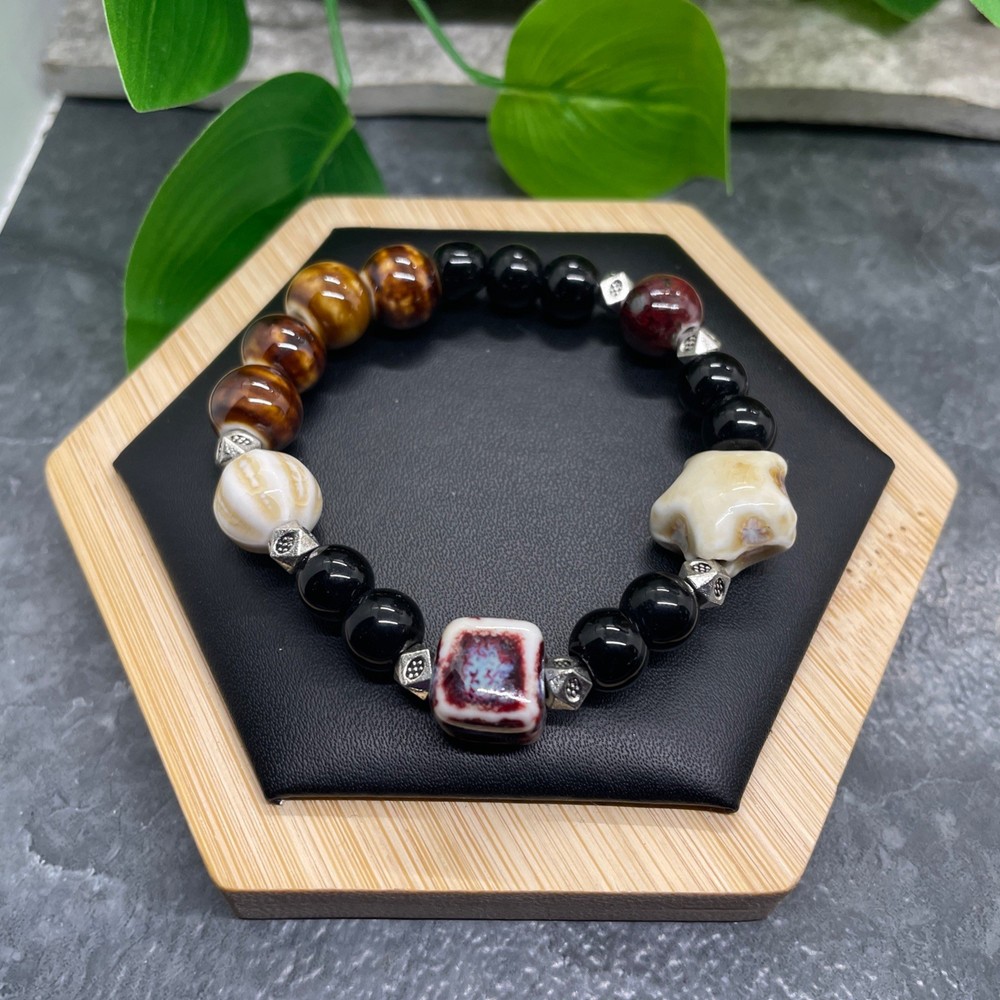 Handmade Ceramic Bead Beaded Stackable 6.25” Plus Stretch Bracelet New B424
