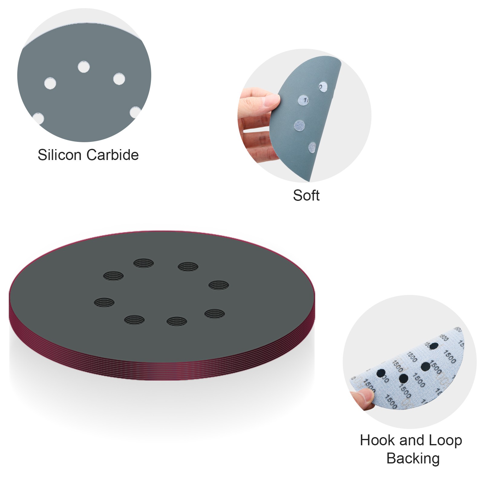 100PCS 5 Inch 8 Hole Sanding Disc Set 180-3000 Grit Hook Loop Wet Dry Sandpaper