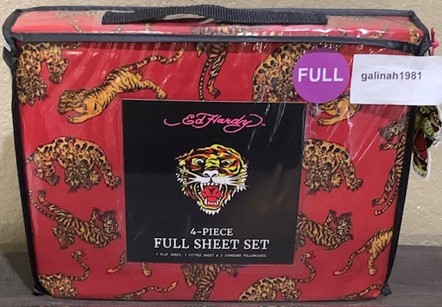 Ed Hardy Red with Crouching Tigers Print 4pc FULL Sheet Set