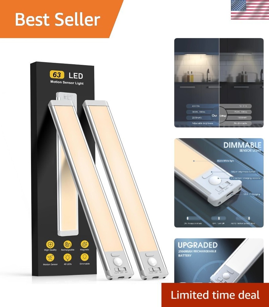 Energy-Efficient Dimmable Under Cabinet Lights, 63 LED Motion Sensor, 2 Pack