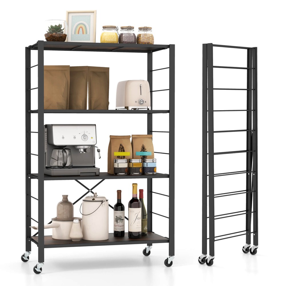 4-tier Foldable Storage Shelf Home Shelving Unit w/Lockable Wheels for Tool Room