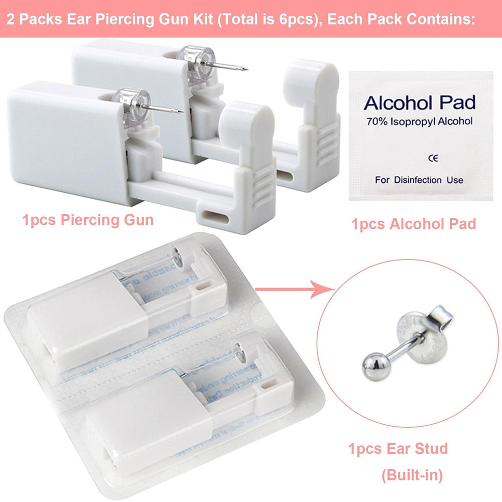 Ear Piercing Gun Kit - 6Pcs Disposable Ear Piercing Kit Including 2Pcs Self Ear