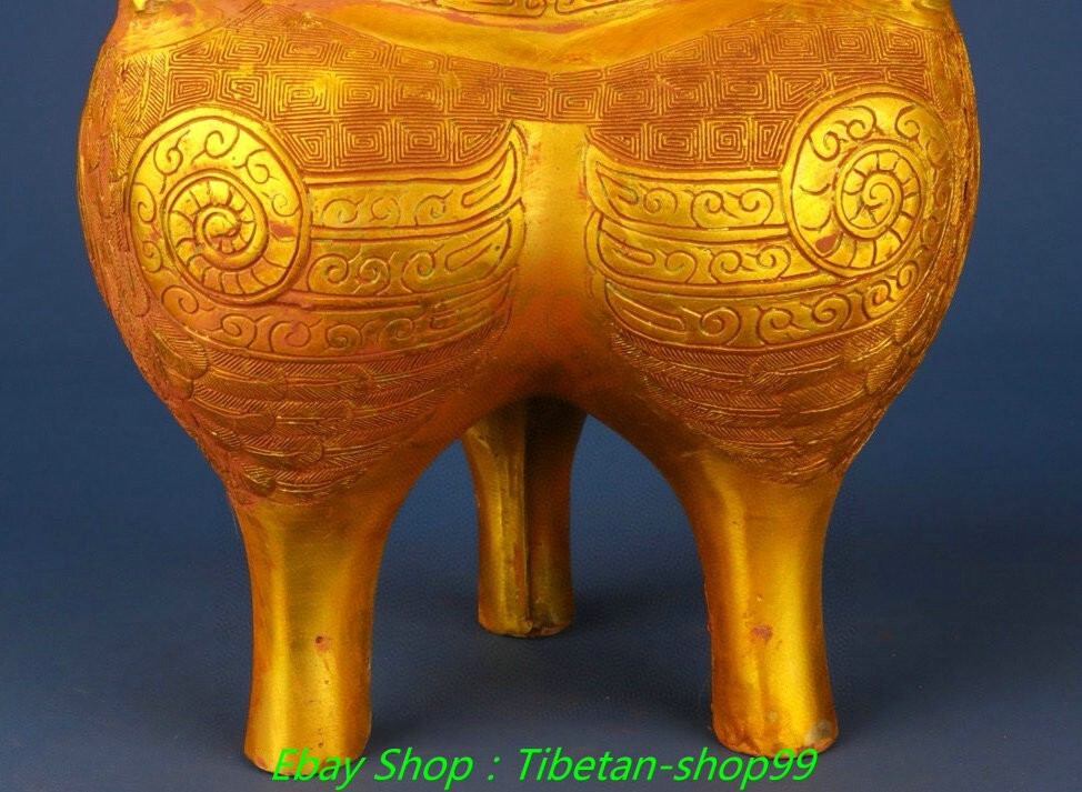 11.8''Old Dynasty Bronze Ware Gilt Inscription 3 Bird Incense Burner Censer