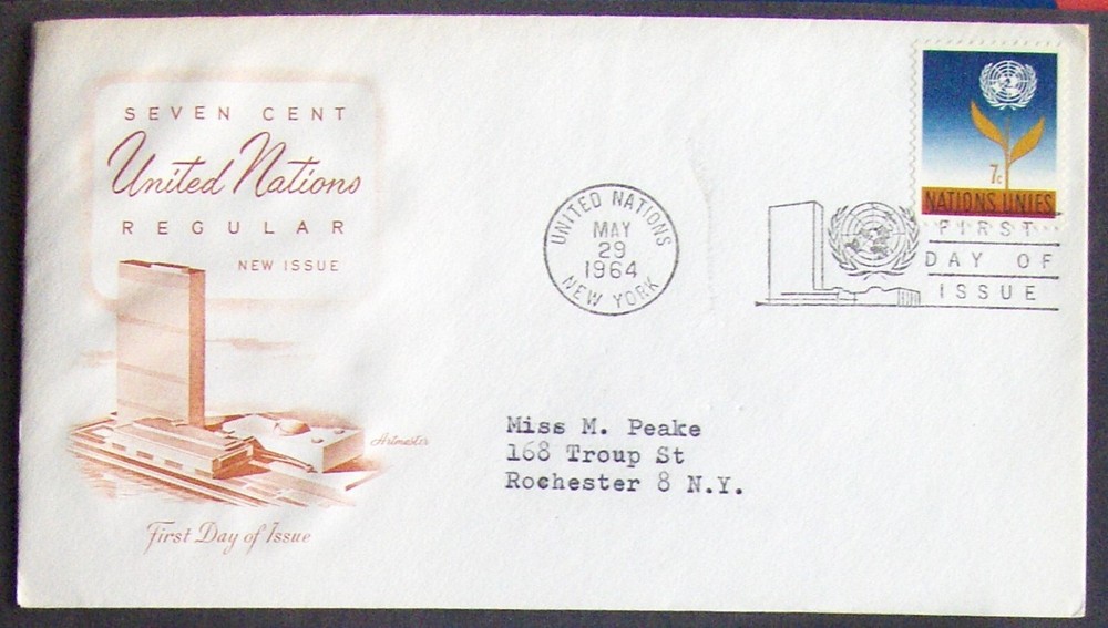 United Nations FDC 7¢ New Issue NY 5/29/1964.