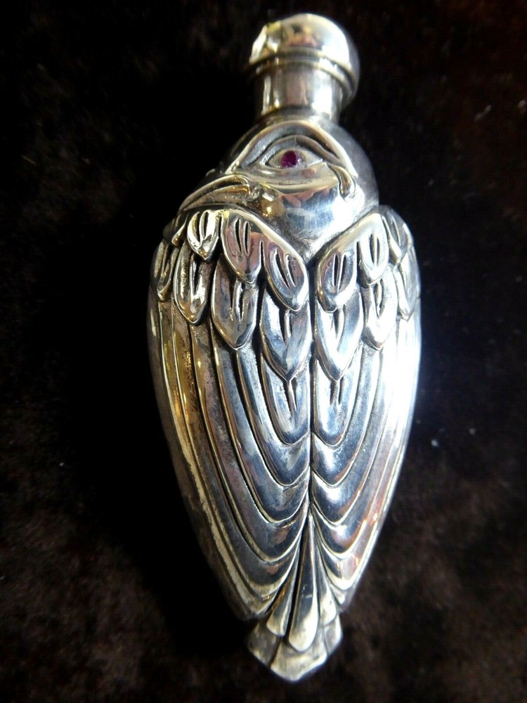 SUPERB SOLID SILVER BIRD SCENT PERFUME BOTTLE SET WITH RUBY EYES