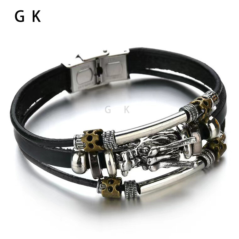 Multilayers Stainless Steel Biker Dragon Head Genuine Leather Bracelet Bangle
