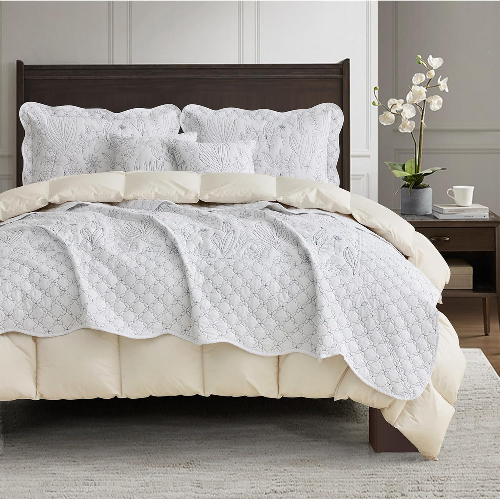 Botanical Oversized Bedspread King Size - Leaves Pattern Stitching Quilt Set - E