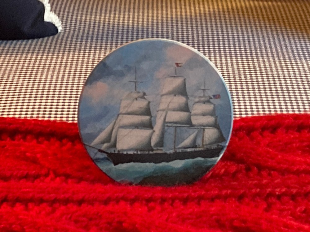 4 WILLIAMS SONOMA NAUTICAL BLUE & WHITE SHIP TABLE DRINK BEVERAGE COASTER SET