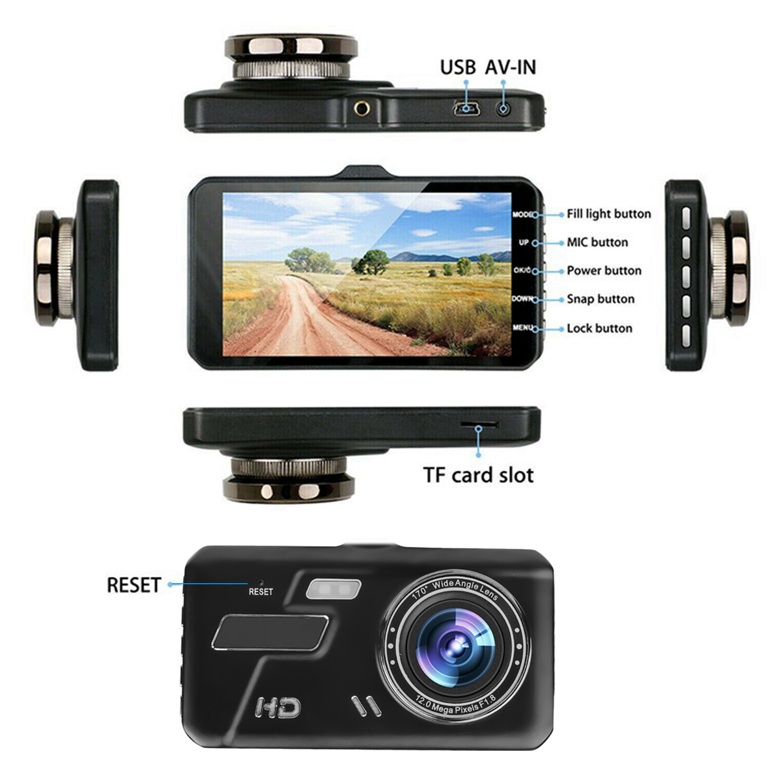4" 1080P Screen Dash Cam Dual Lens Car DVR Recorder Front and Rear Camera
