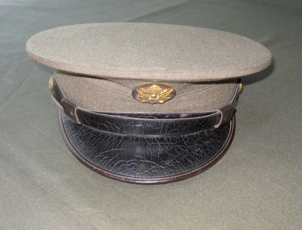 WW2 Enlisted OD Visor Cap With Black Leather Visor/ Chinstrap.