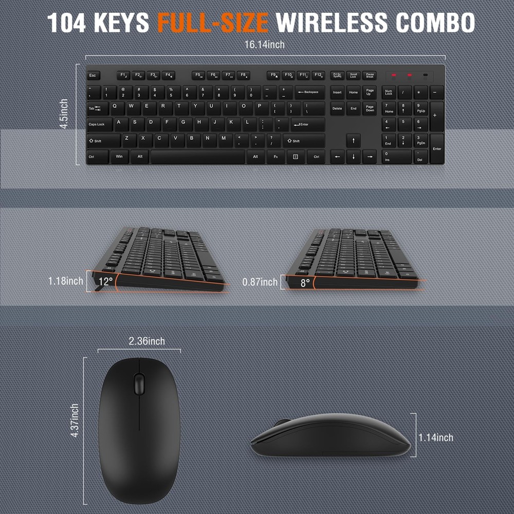 Black 1 Pack Wireless Keyboard Mouse Combo Silent Full Size Cordless USB 2.4G