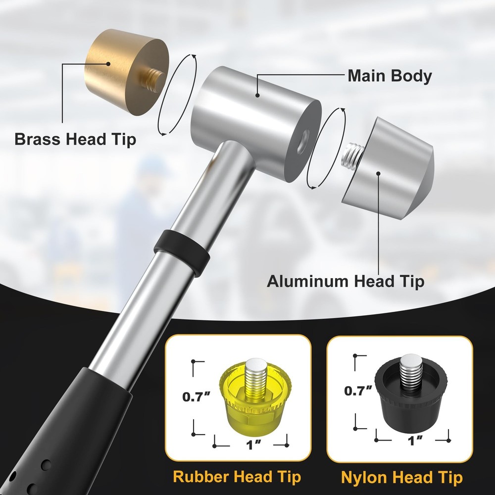 Nylon and brass multifunctional hammer, 4 interchangeable tips, 25mm double h...