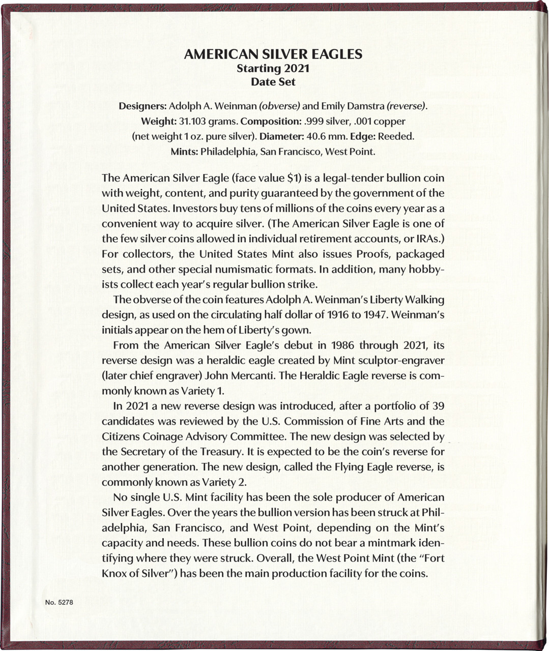 Whitman Prestige™ Coin Album - American Silver Eagles: Starting 2021 Date Set