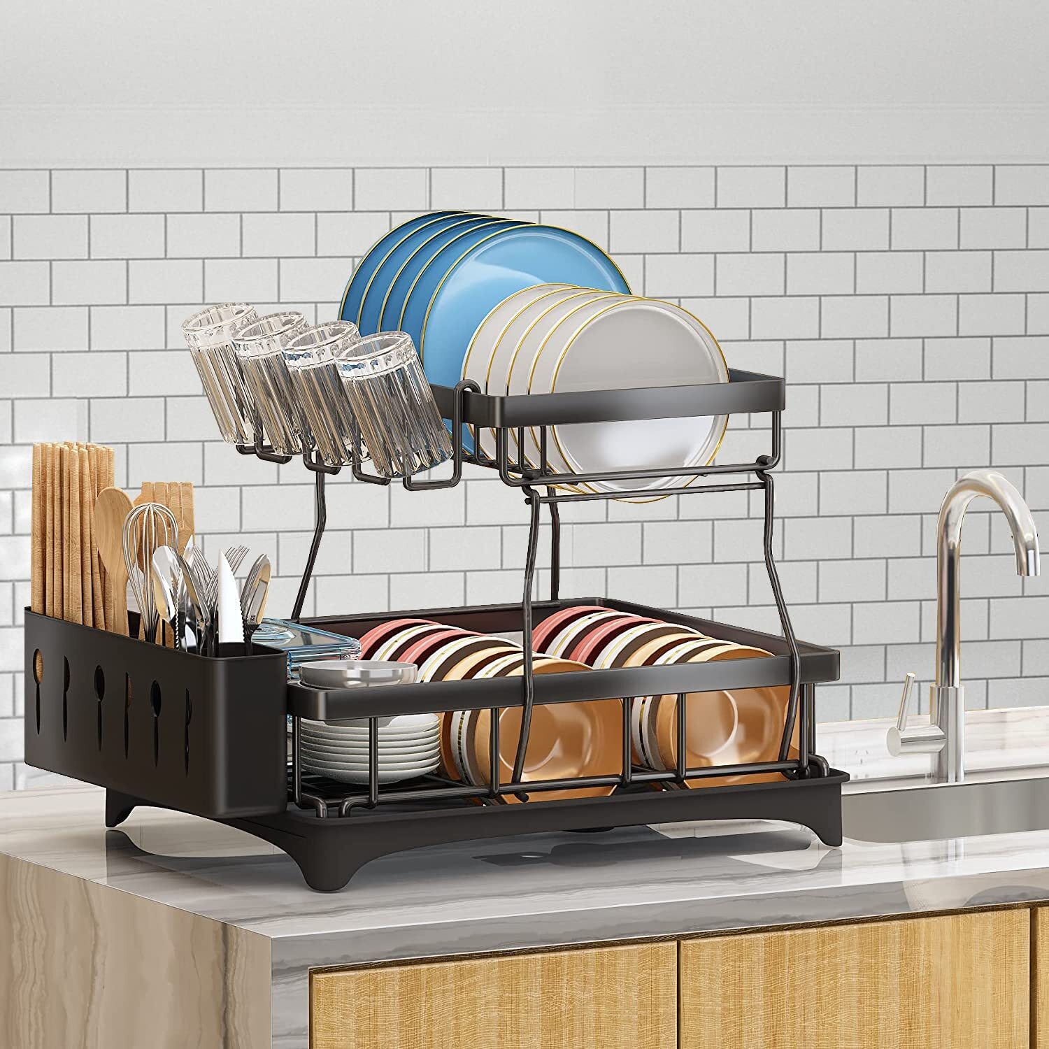 Over Sink Dish Drying Rack 2-Tier Stainless Steel Kitchen Shelf Cutlery Drainer