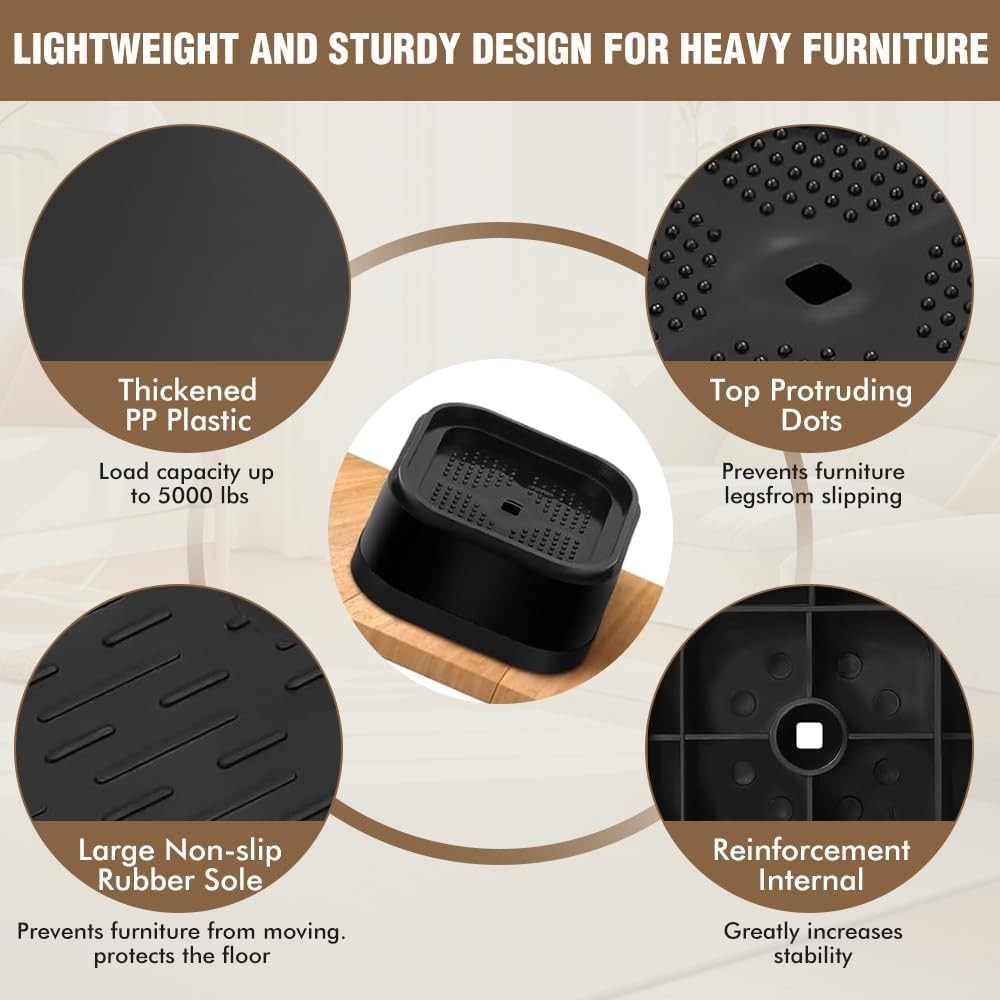 8-Pack Adjustable Furniture Bed Risers 1-2" Heavy Duty Stackable Black