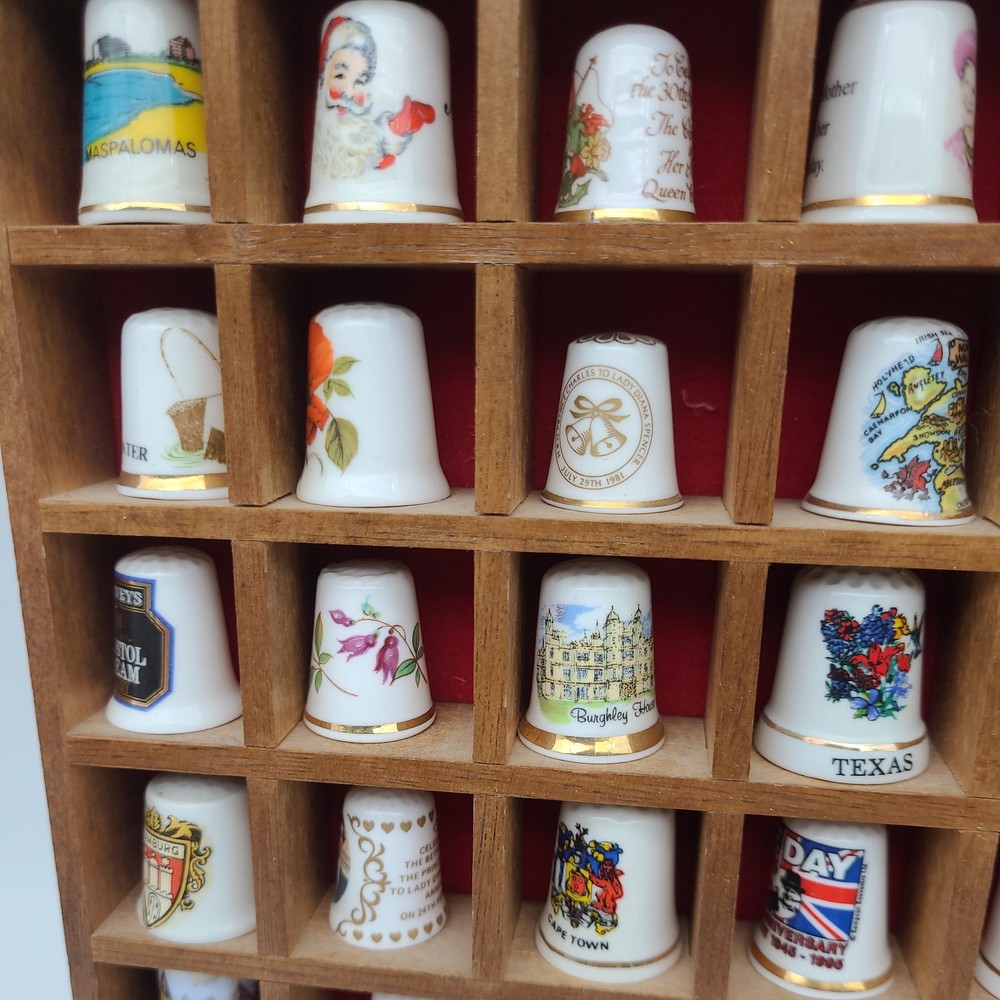 Vintage Thimble Display Case with 100 Mixed Various Thimbles Good Condition