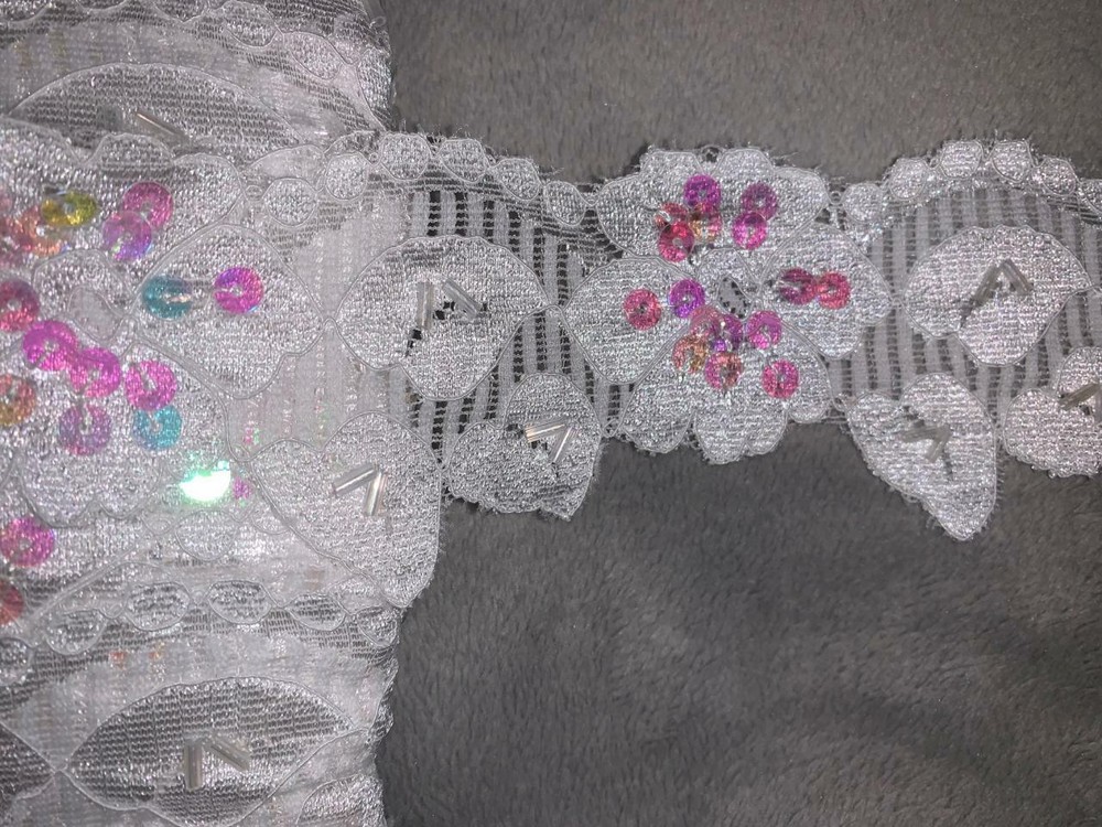 5 yards Solid WHITE leaf stretch lace iridescent sequins bugle beads 2" wide