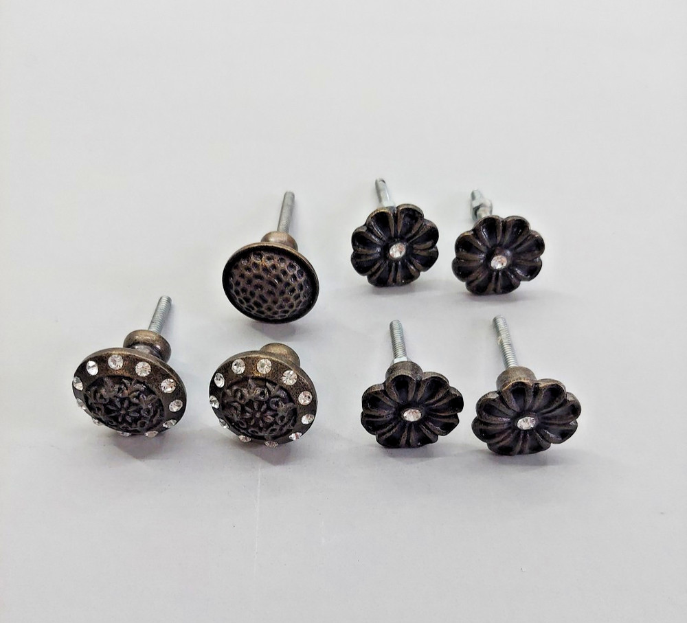 Lot 8 Metal  Knobs Drawer Pulls Ornate Floral Embellished Brown Rhinestone