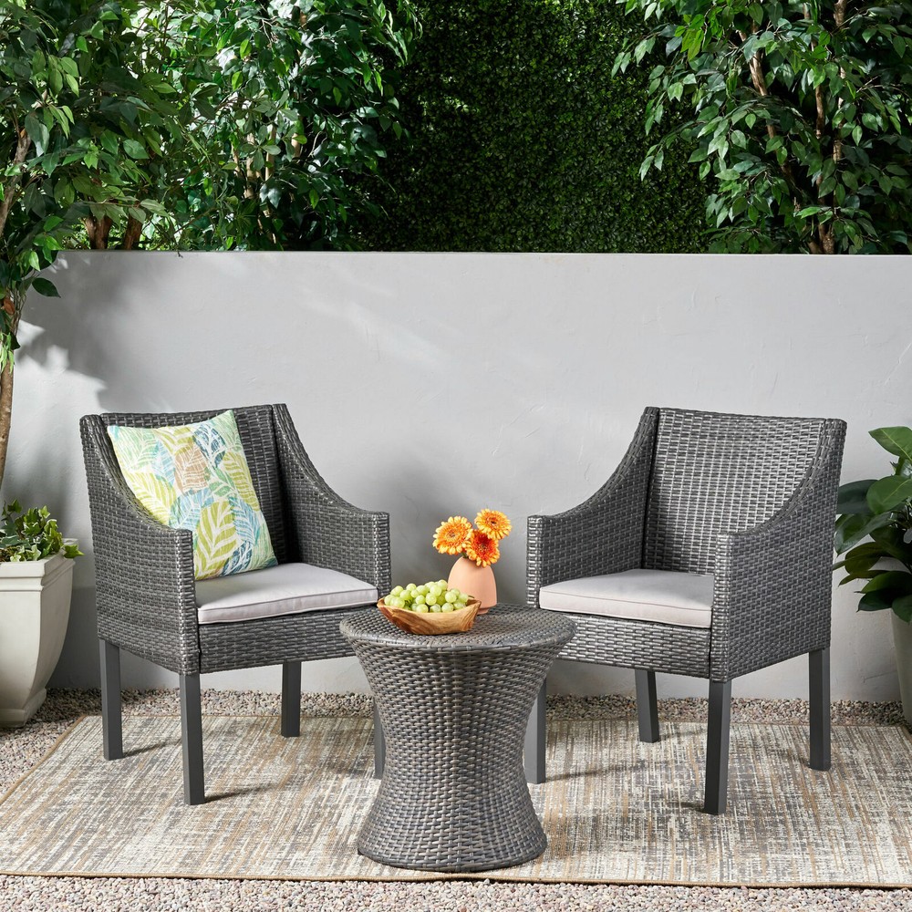 Outdoor Wicker 3 Piece Chat Set, Gray and Silver