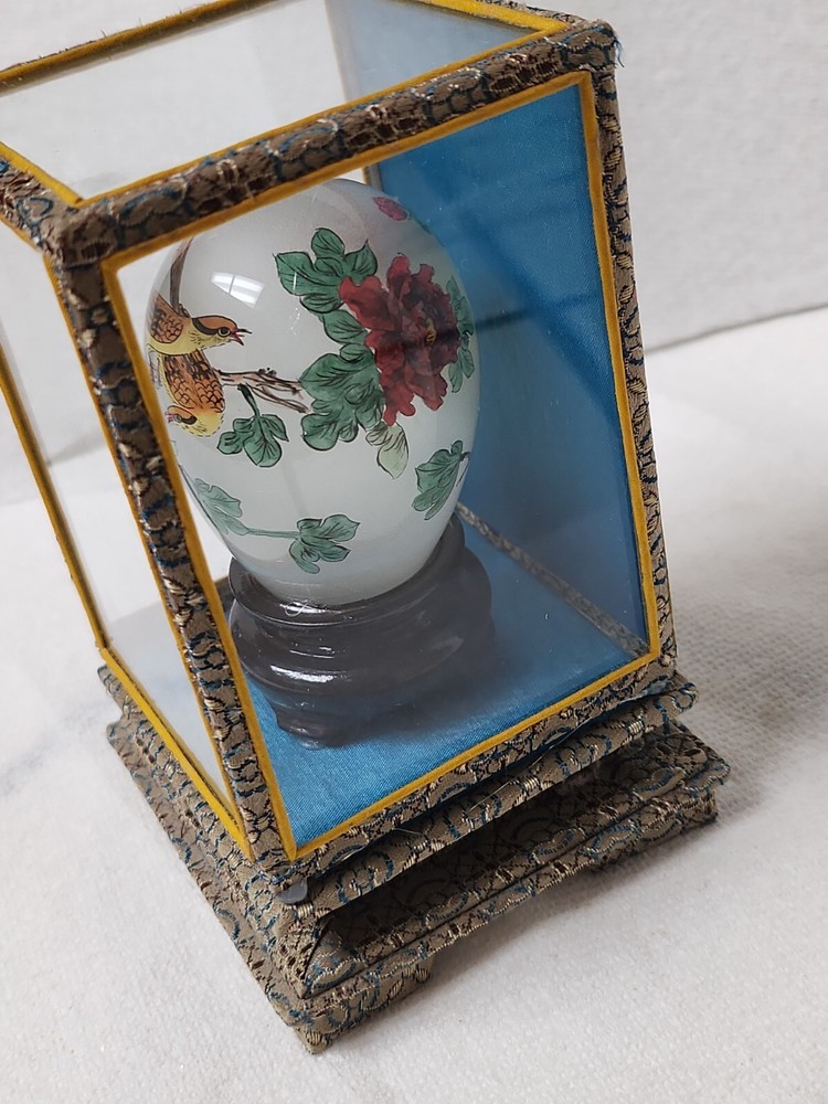 Reverse Painted Glass Egg With 2 Birds In The Bush