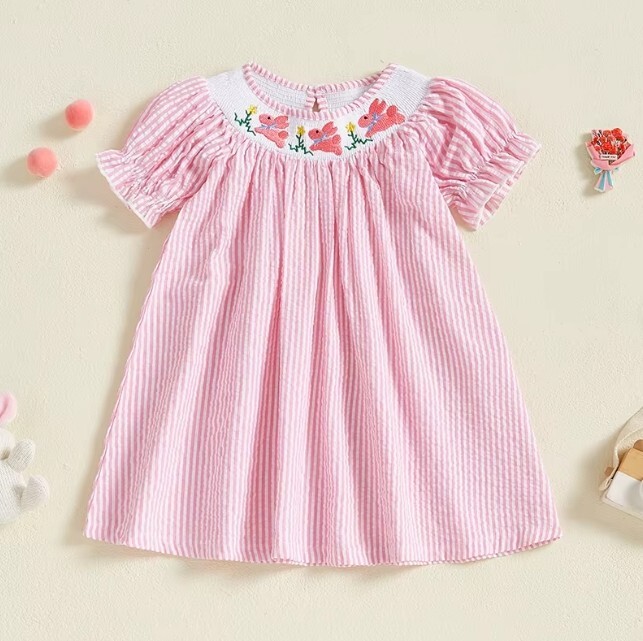 NEW Easter Bunny Rabbit Baby Girls Pink Smocked Seersucker Short Sleeve Dress