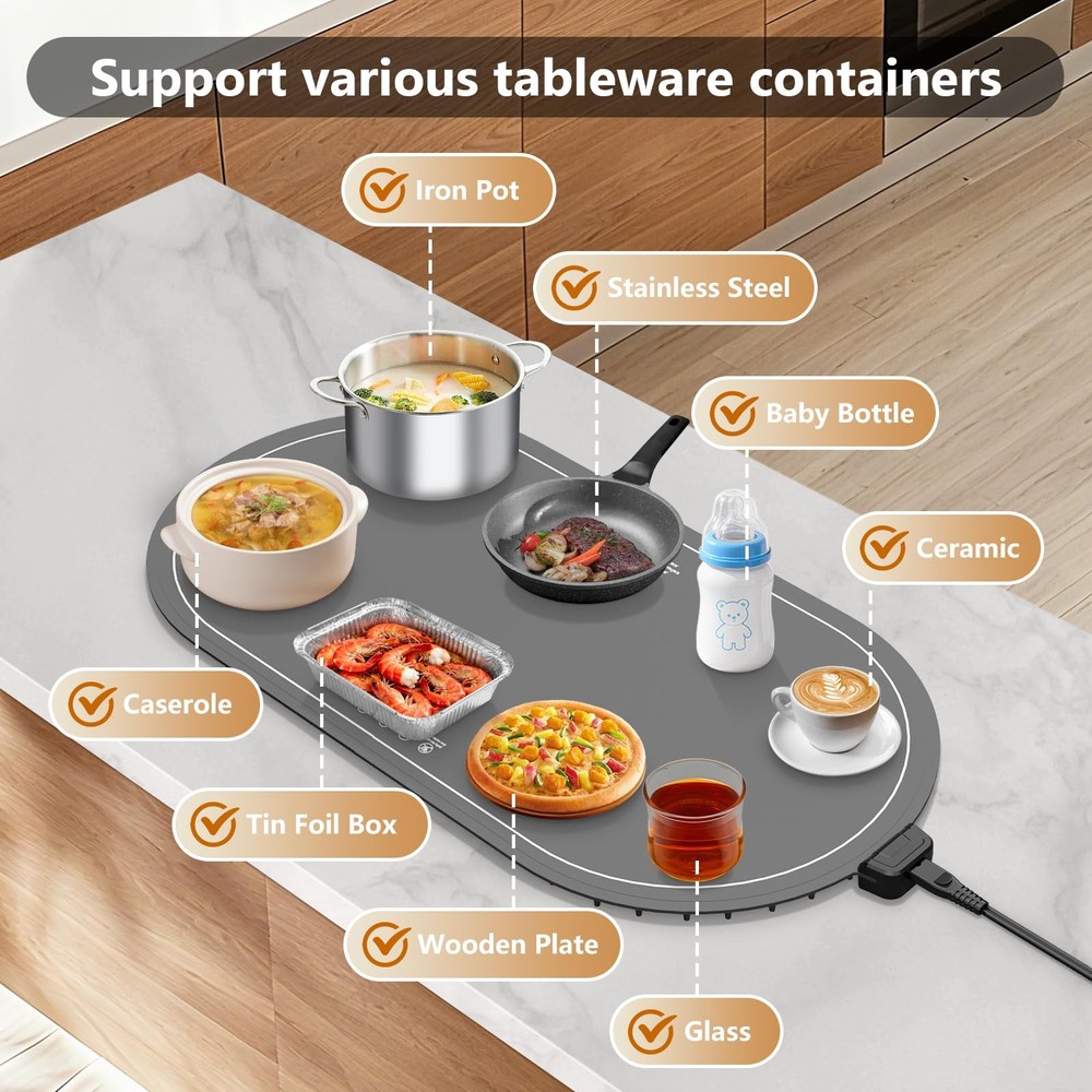 seenlast Warming Mat for Food with Adjustable Temperature Timer,10S Fast Heating