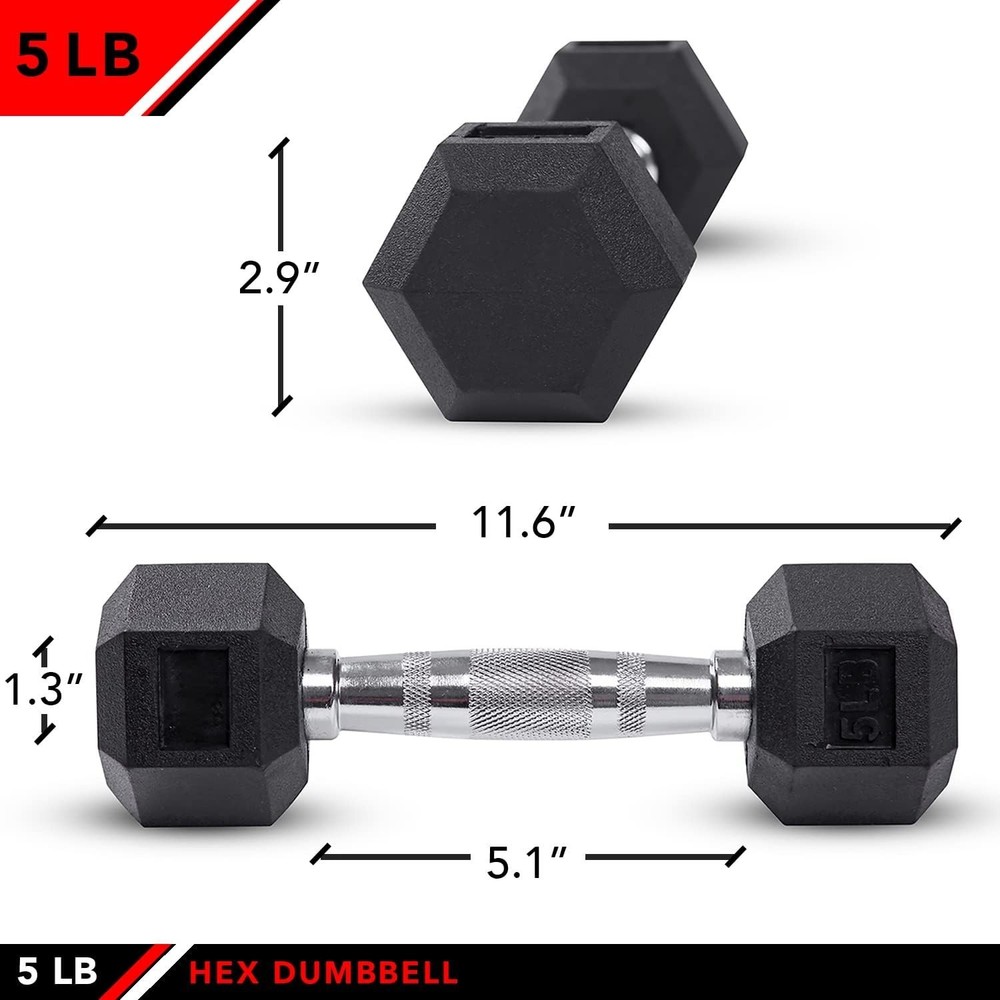 Compact 5 lb Rubber Hex Dumbbell - Anti-Rolling Ergonomic Hand Weight