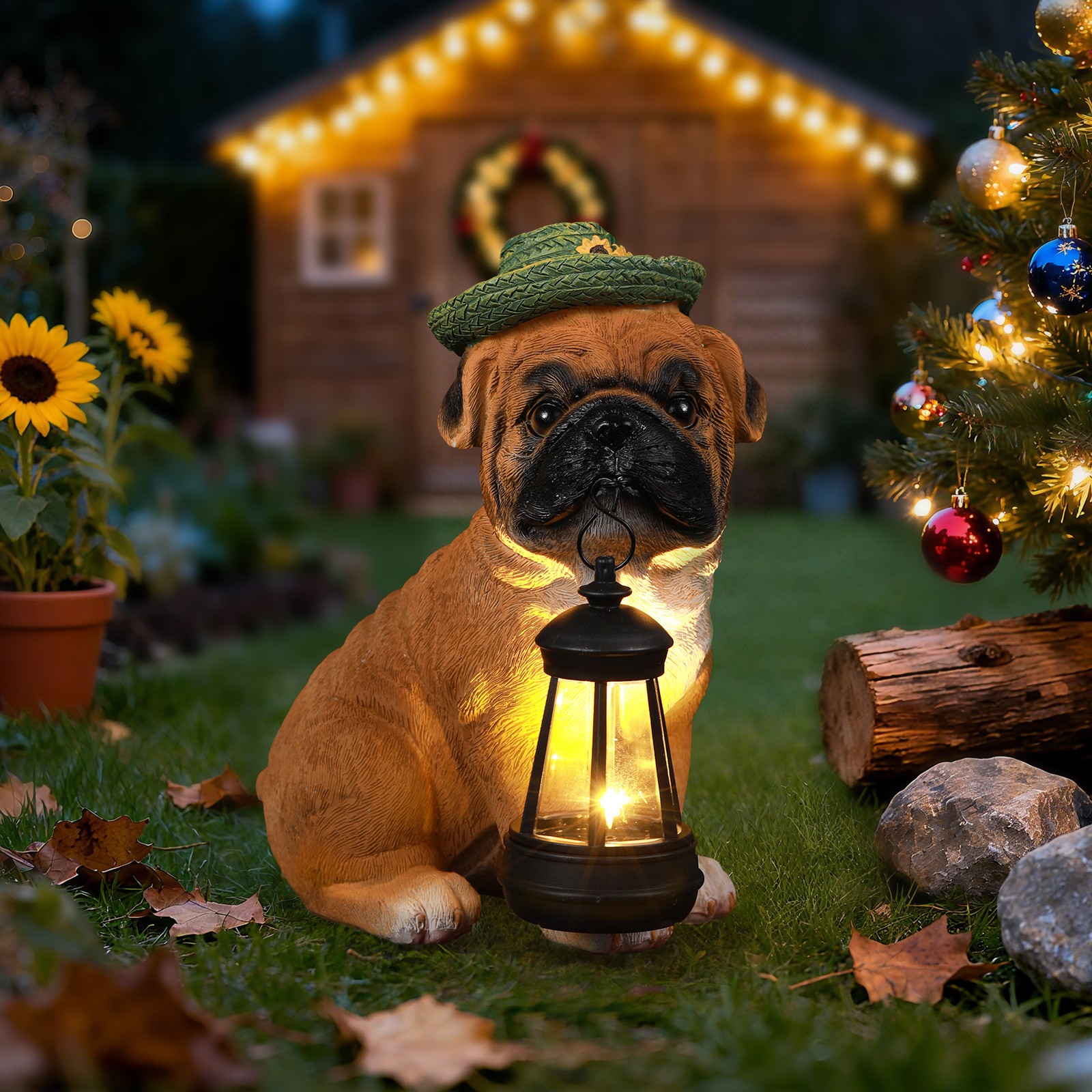 Solar-Powered Garden Dog Statue with Integrated Lanterns for Outdoor Decor