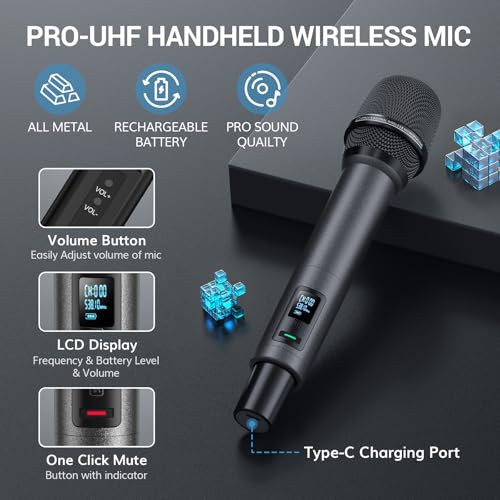 Wireless Microphone System, Auto Scan & Pair UHF Rechargeable Karaoke Mic,