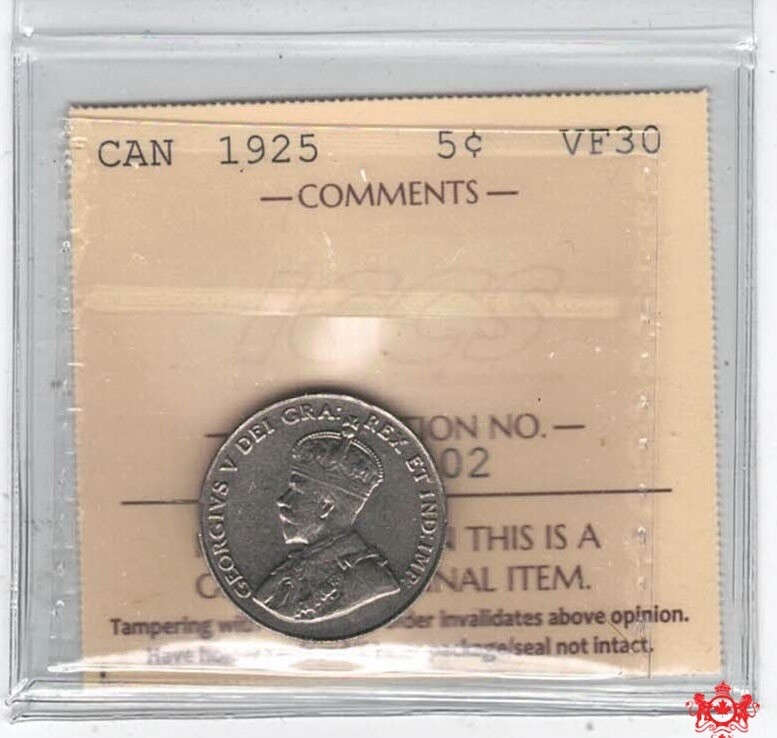 1925 Canada 5 Cents - ICCS VF30 - XGY 702