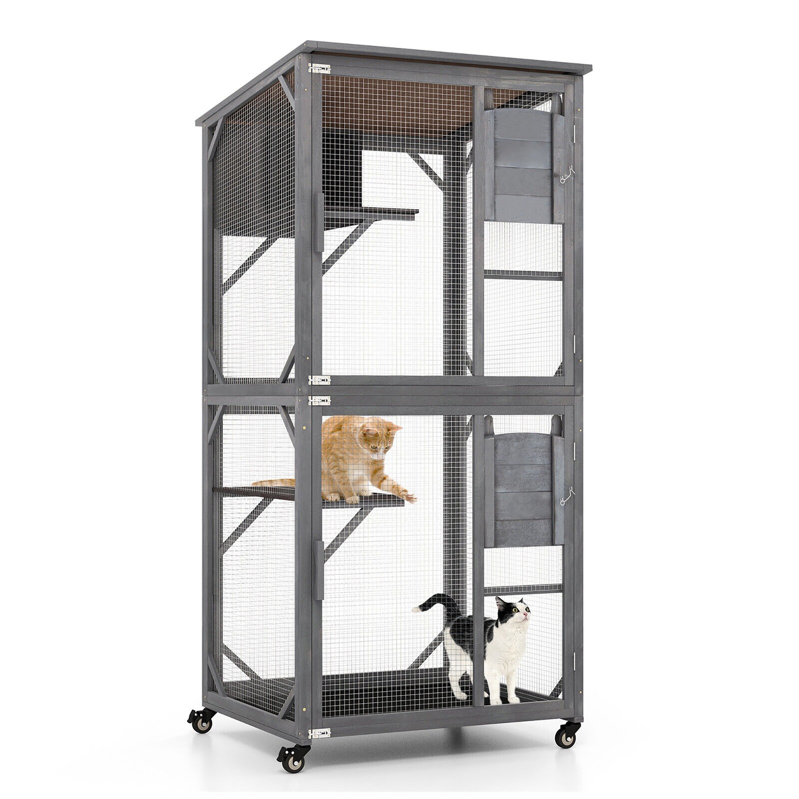 Wooden Cat House 72" Indoor Outdoor Kitten Enclosure Kennel Condo on Wheels Grey
