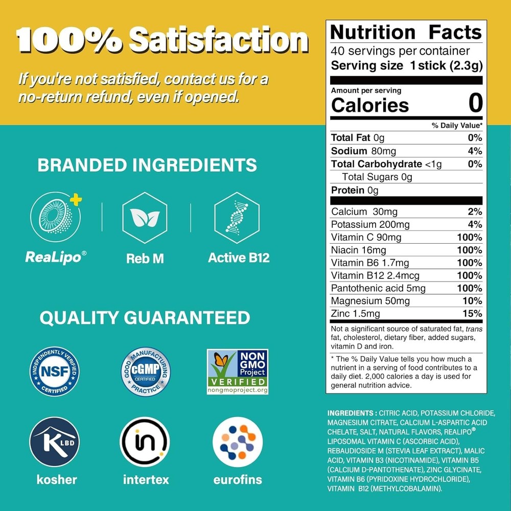 40 Sticks Sugar Free & 0 Calorie Electrolyte Hydration Packets, Low Sodium Light