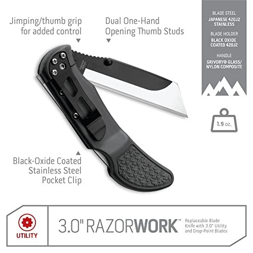3" Razor-Work Folding Utility Knife - Replaceable Blades, Pocket Clip, 3X Sharp