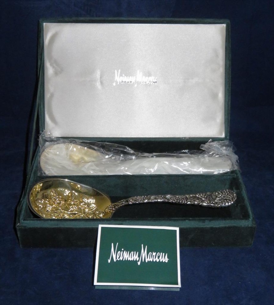 Godinger Grape Motif Gold & Silverplate Pair of Serving Spoons NIB Neiman Marcus